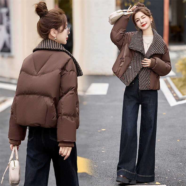 毛呢拼接翻领白鸭绒羽绒服女短款2024冬新款时尚气质加厚保暖外套,女装羽绒服,橙子家