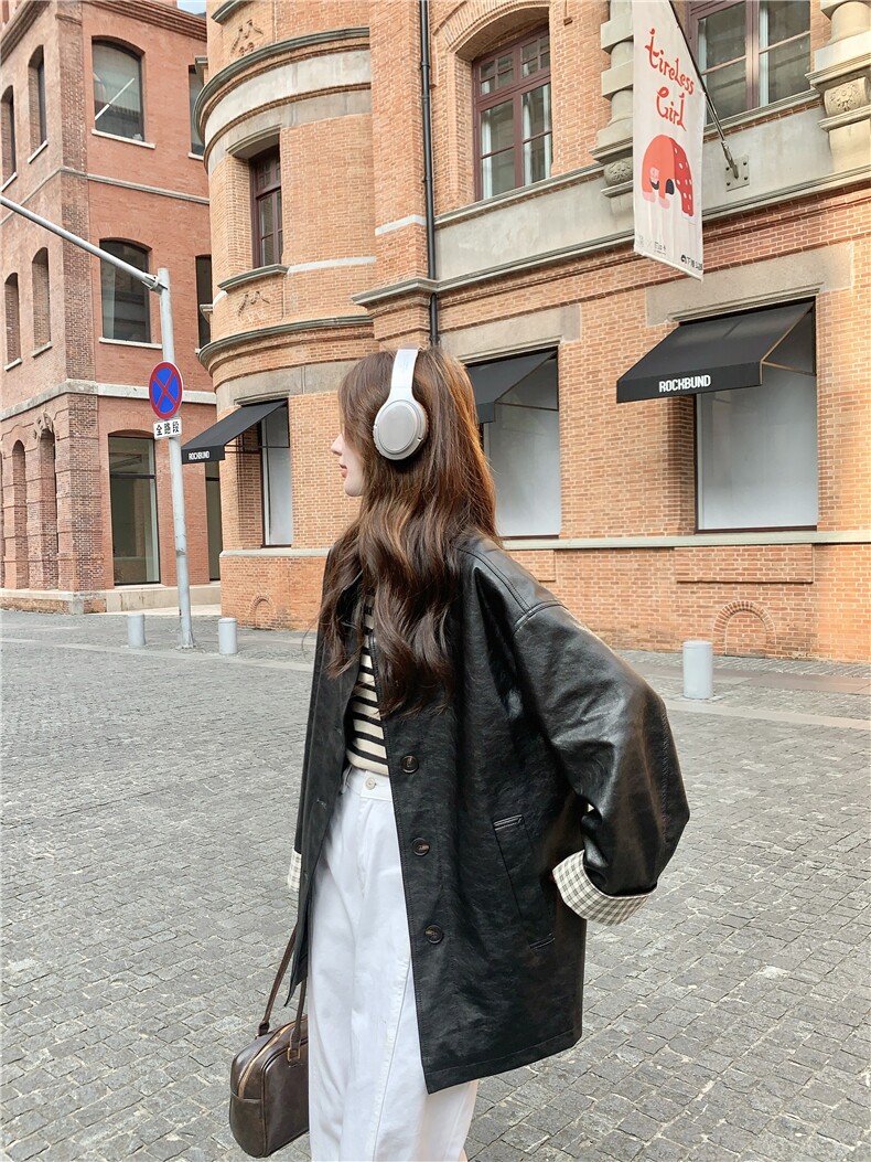 减龄复古格纹拼接皮衣外套女春秋2025新款小个子PU夹克爆款高级感,女装皮衣,2C291