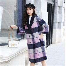 双面羊绒大衣秋冬装宽松小清新格子80%羊毛呢外套，女装毛呢外套，美吧服饰