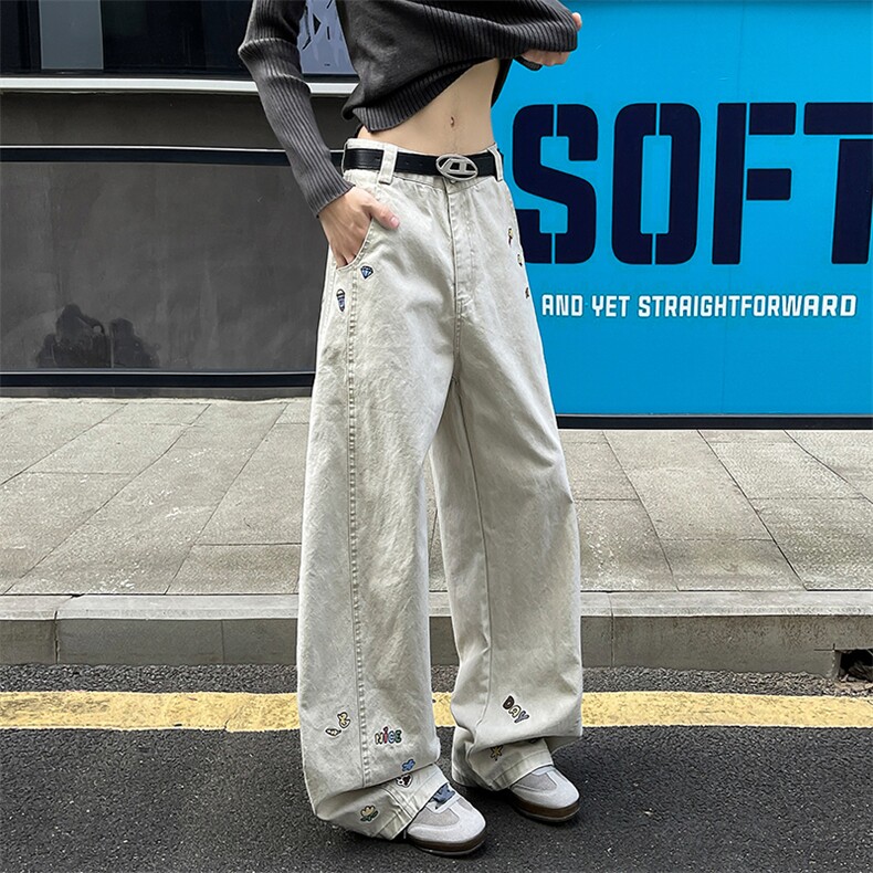 8X-M卡通绣花休闲裤男2025新款情侣宽松阔腿弯刀裤子K9173P78，男装休闲裤，电商D206-1