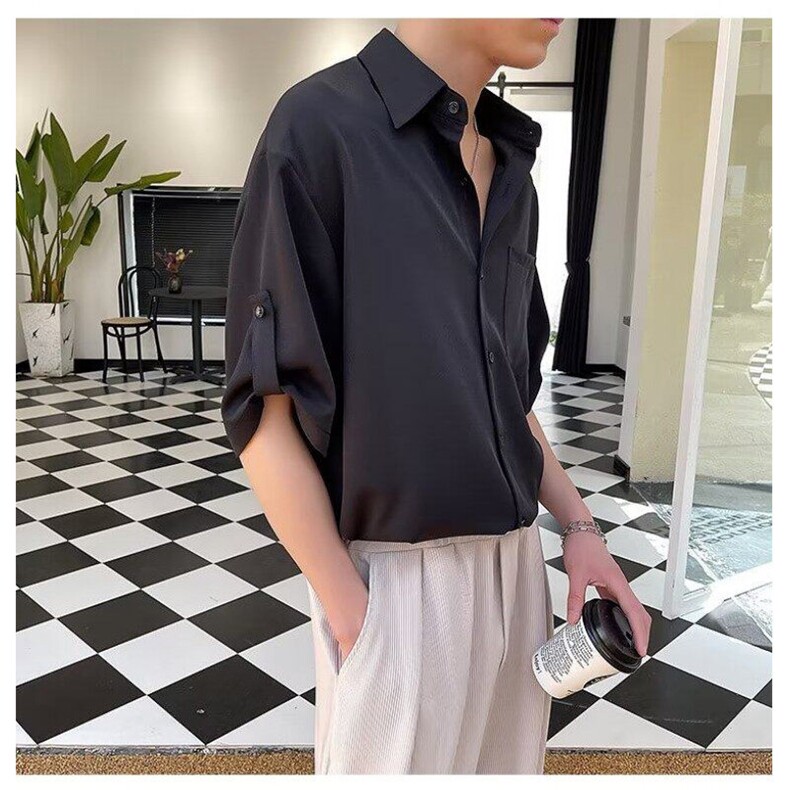 衬衫男短袖韩版七分袖衬衣痞帅夏季冰丝上衣1001-1-CS567-P35,男装衬衫,星座1001-1