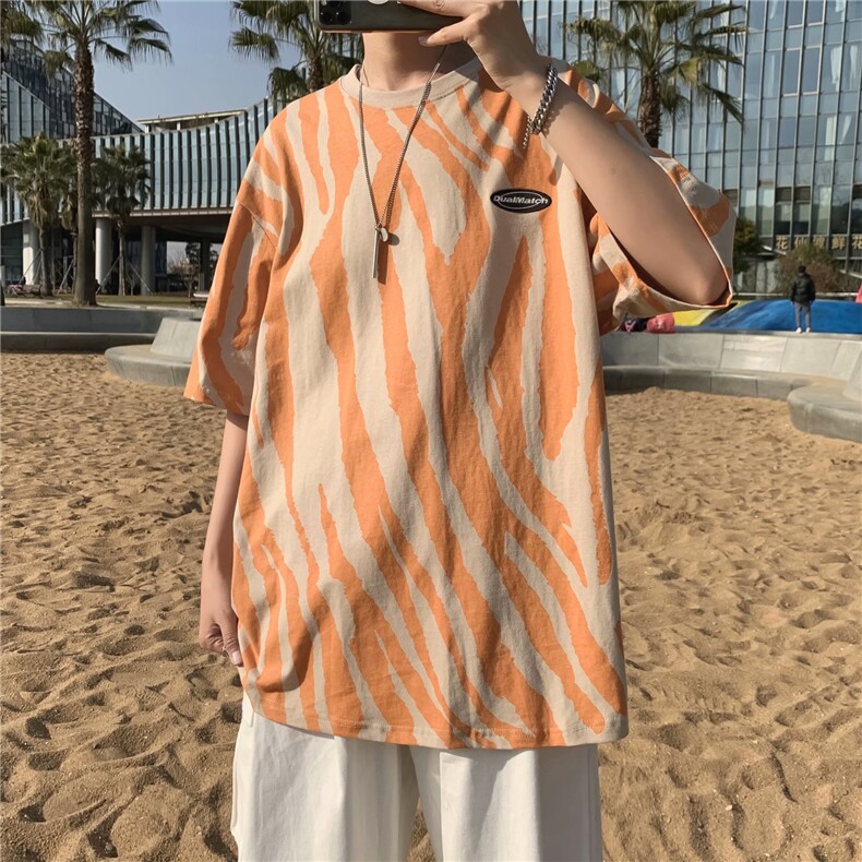 男士夏季潮韩版宽松圆领港风ins不规则条纹短袖t恤上衣T130-P20,男装T恤,星座512-2