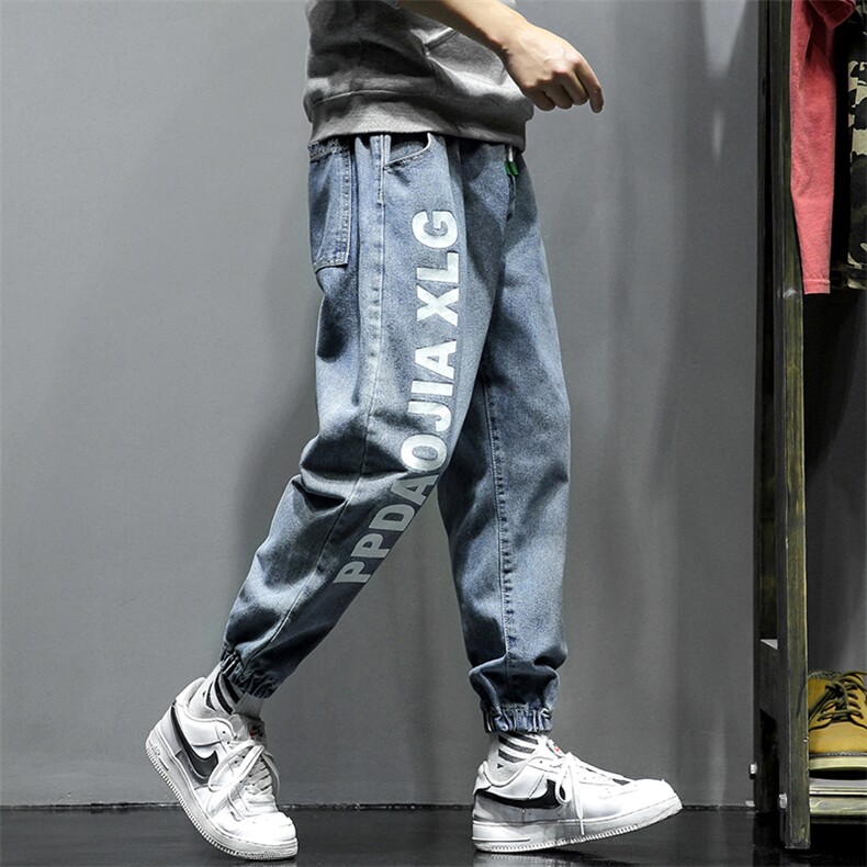 2021春季新款日系灰墙大码男字母印花束脚牛仔九分裤潮N8005-P50,男装牛仔裤,电商A001