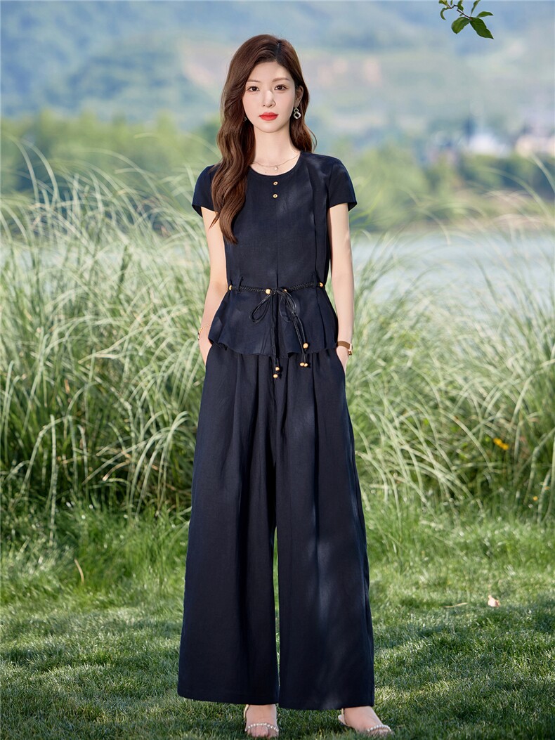 藏青色高级感时尚套装女2025夏季新款慵懒松弛感气质阔腿裤两件套,女装套装/套裙,欣品汇