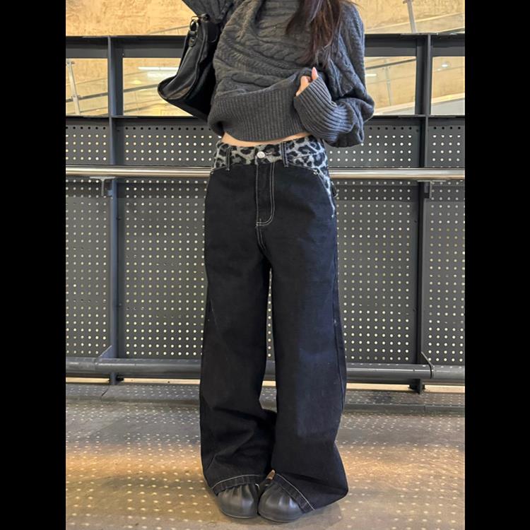 美式复古毛绒豹纹腰头拼接牛仔裤男女宽松阔腿休闲显瘦拖地长裤子,男装牛仔裤,星座302B-2