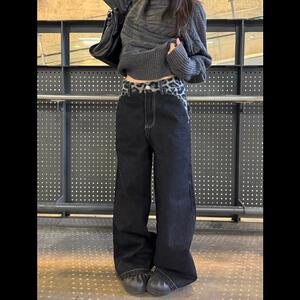 美式复古毛绒豹纹腰头拼接牛仔裤男女宽松阔腿休闲显瘦拖地长裤子图片
