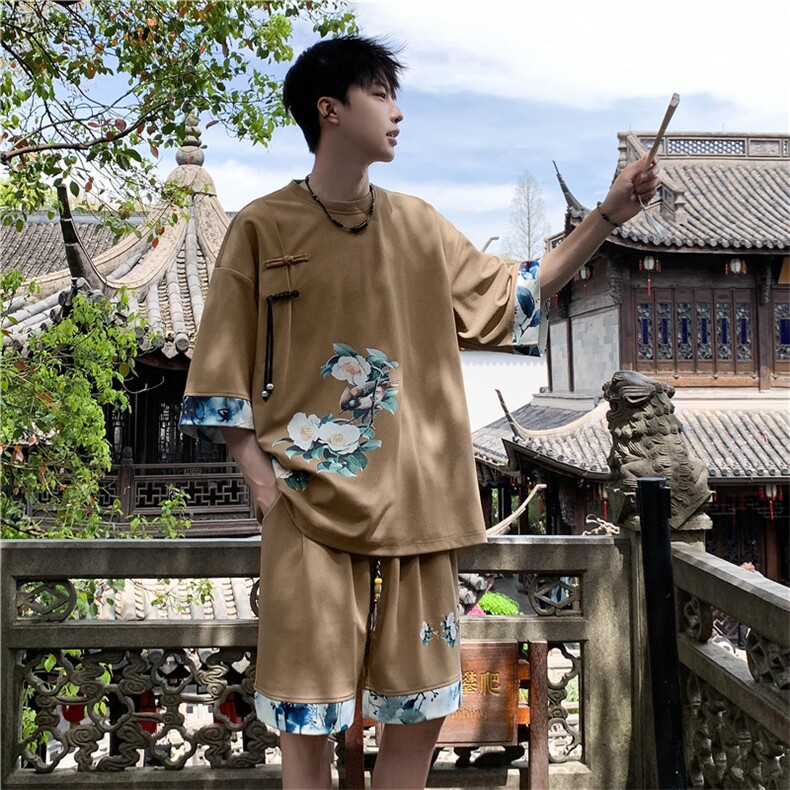新中式风两件套夏季新中式禅意短袖t恤男套装A436-D221-P52，男装休闲套装，电商A436