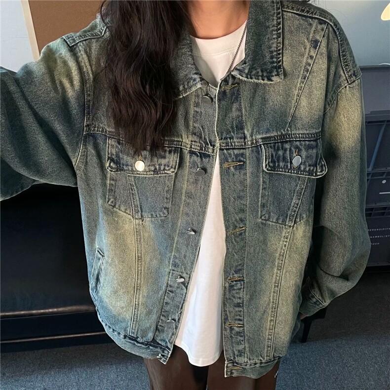 美式复古牛仔外套女春秋款高街高级感潮牌水洗做旧宽松休闲夹克男,男装工装外套,星座1210-1