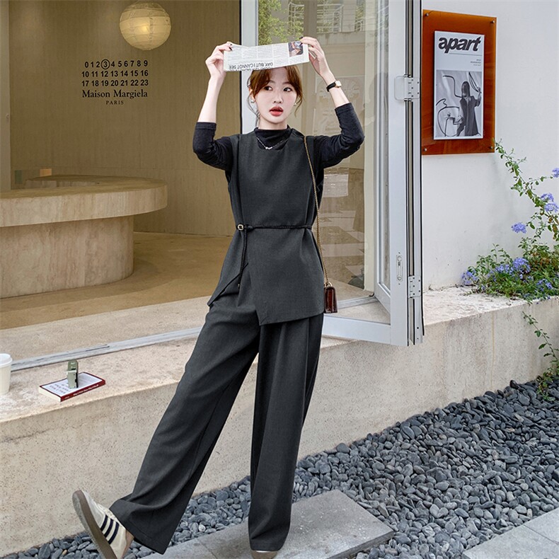 韩系高级感穿搭套装女2025春秋甜美显瘦不规则马甲直筒阔裤三件套,女装套装/套裙,2C129