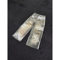 美式水洗破洞3D印花牛仔裤男女街头潮牌宽松阔腿长裤LN70233-P55，男装牛仔裤，星座1008