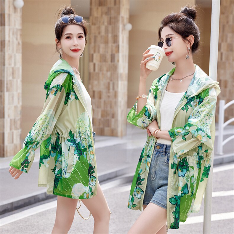 《48H发》时尚轻薄透气印花防晒衣显瘦百搭长袖外套，女装防晒衣，红依佳