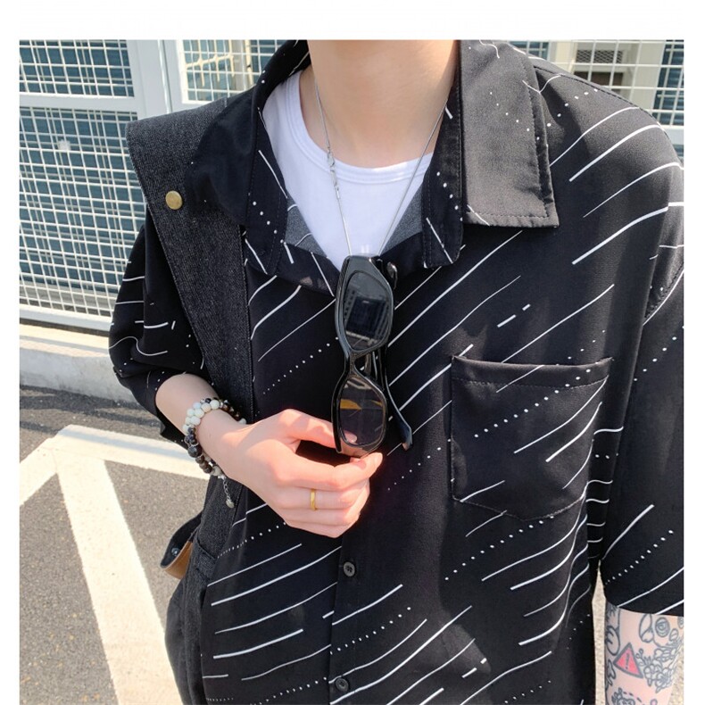 EQ407港风条纹夏季短袖衬衫男宽松版型冰丝衬衣P40,男装衬衫,电商C306-1