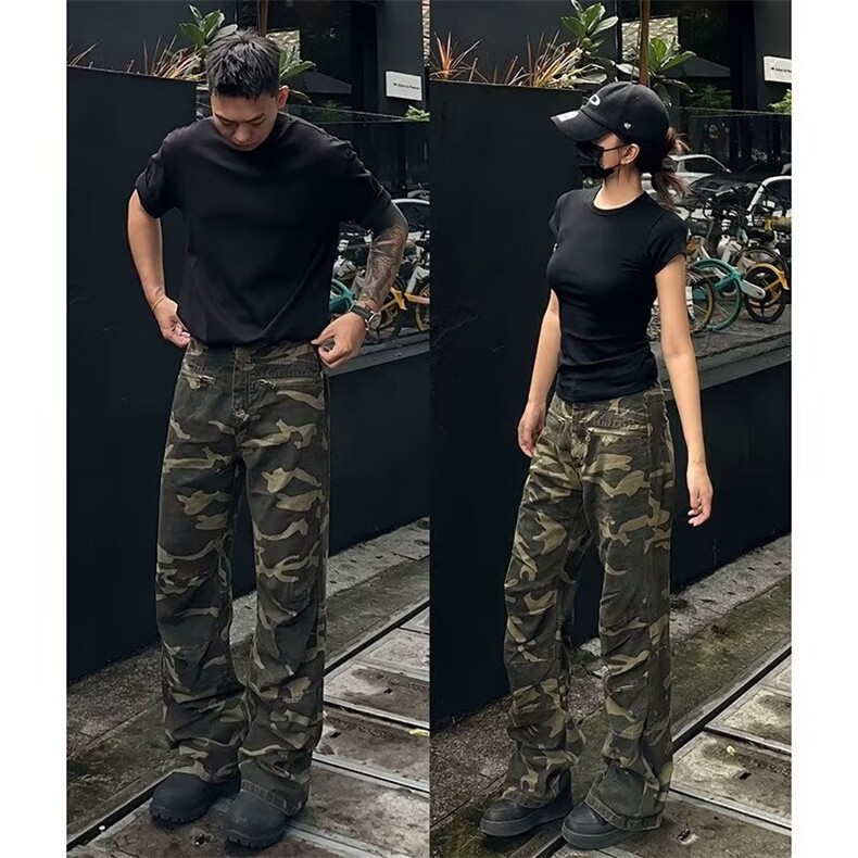 网络图现货  美式复古迷彩男女工装直筒宽松微喇牛仔裤J8146-P58图片