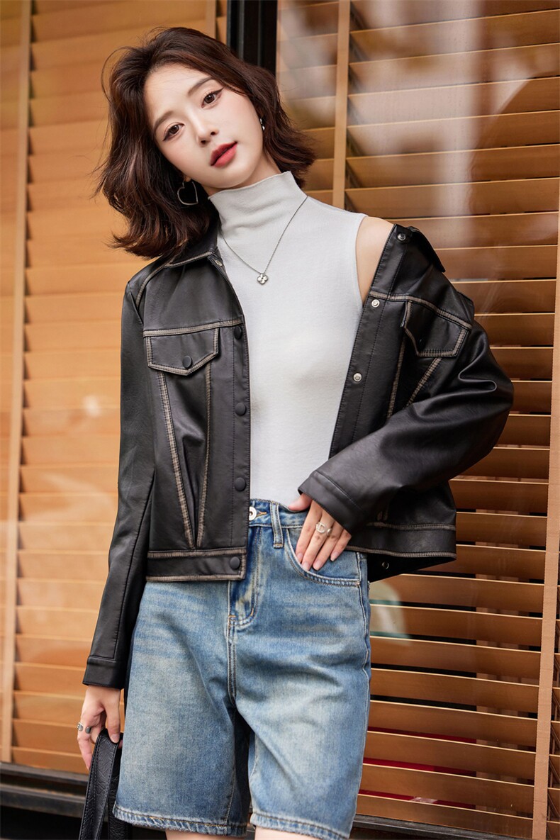复古机车款皮衣女外套2024秋装新款小个子短款方领短款皮衣外套,女装皮衣,魅衣本色
