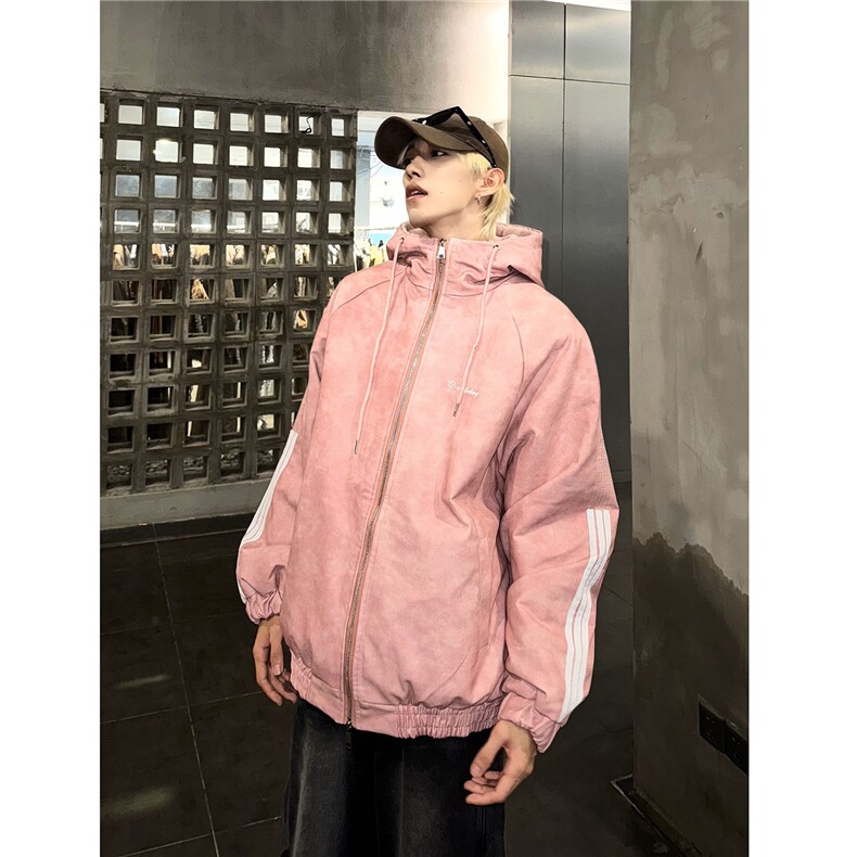 cleanfit粉色皮衣外套男秋冬美式三条杠夹克棒球服棉衣 M02/P118图片