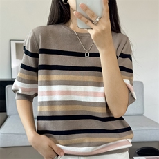 2024夏季新款100%纯棉背心女士条纹宽松显瘦拼色针织百搭t恤上衣，女装T恤，洁纯羊绒