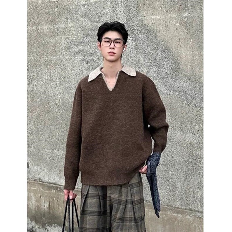 重磅北极绒假两件衬衫领毛衣美式高街复古休闲慵懒纯色翻领针织衫,男装针织衫/毛衣,电商A486
