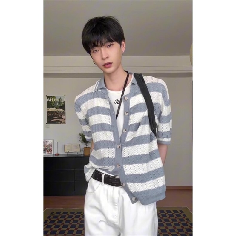 纹针织短袖衬衫男夏美式宽松慵懒风t恤高级感半袖SWY63,男装针织衫/毛衣,星座516A