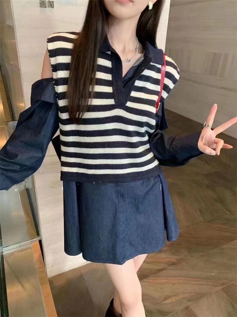 秋季新款漏肩牛仔衬衫?马甲两件套，女装衬衫，lstana