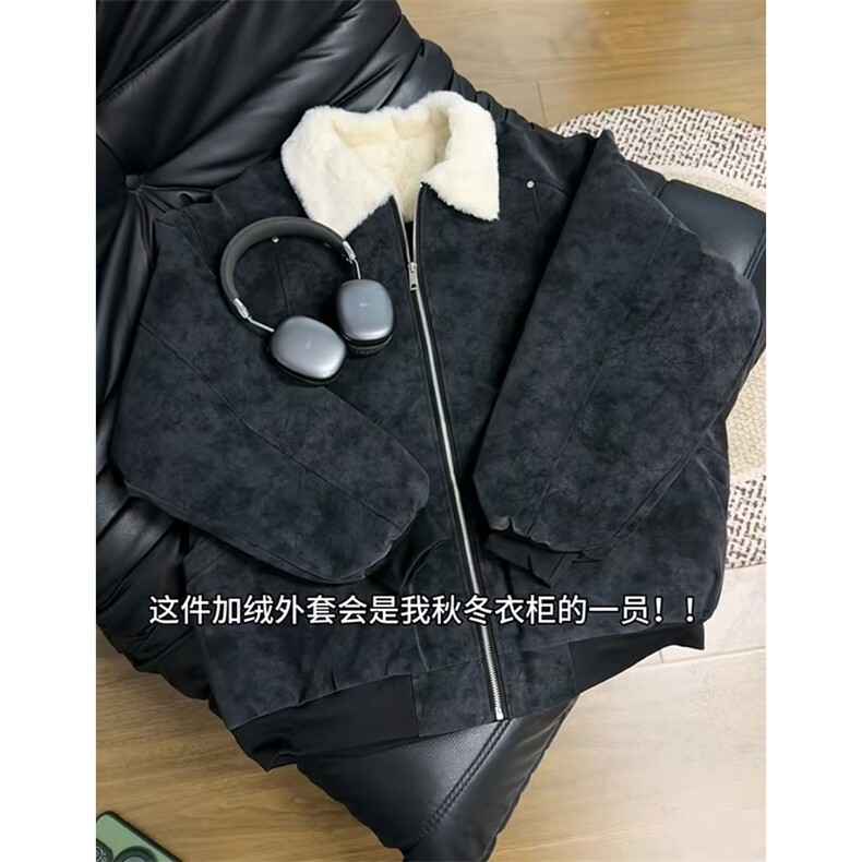 现货重磅硬挺boxy羽绒棉衣座山雕羊羔毛领洗水麂皮棉服冬外套图片
