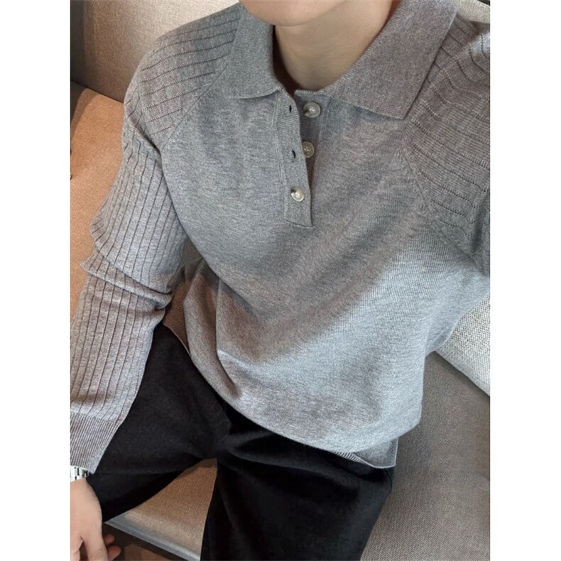 老钱风纯色polo领毛衣条纹袖针织衫7082-P65，男装Polo衫，星座1012-1