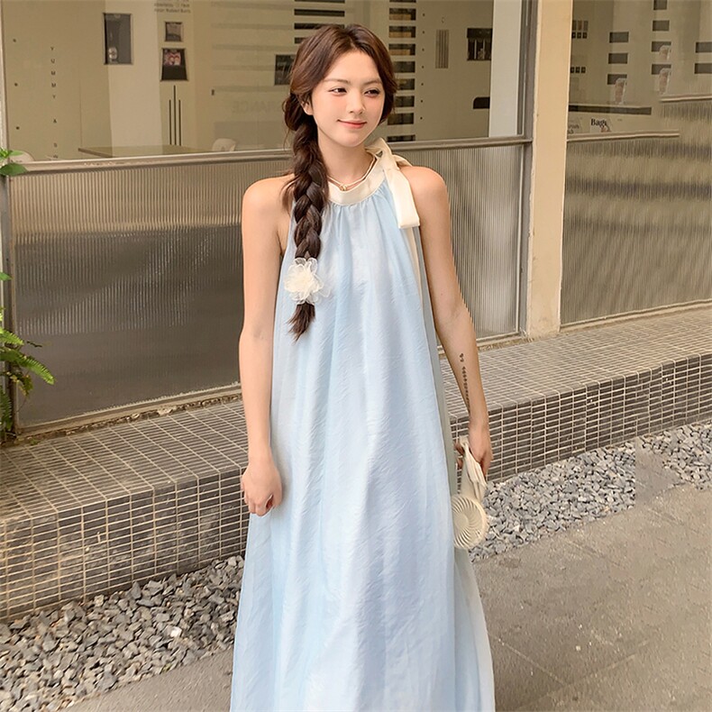 法式无袖挂脖连衣裙女2025夏季新款气质高级感绝美超仙度假风长裙,女装连衣裙,浙宝305