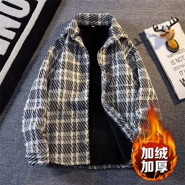 小香风加厚针织外套男冬季加绒情侣工装衬衫痞帅复古潮流格子夹克,男装夹克,星座506B