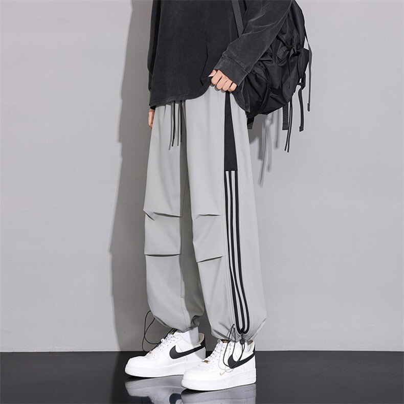 KP852 P50港风宽松休闲裤直筒拖地裤拼接三条杠束脚裤卫裤图片