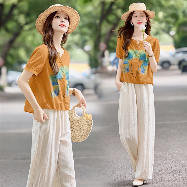 文艺气质休闲减龄套装女2025夏新款时尚印花短袖衬衫阔腿裤两件套，女装套装/套裙，依万里
