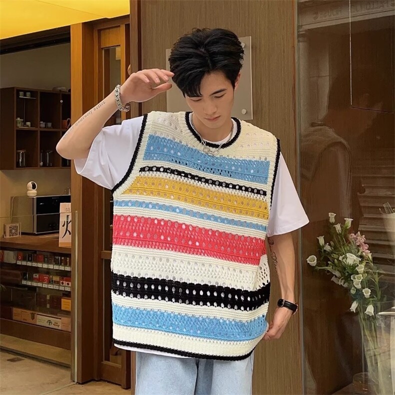 762-P33美式撞色条纹背心男款春季潮牌针织镂空衣服坎肩毛衣无袖,男装T恤,电商B323A