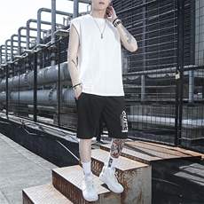 2021夏季纯棉无袖男士T恤休闲潮流短裤套装TZ210-P40，男装套装，星座217-4