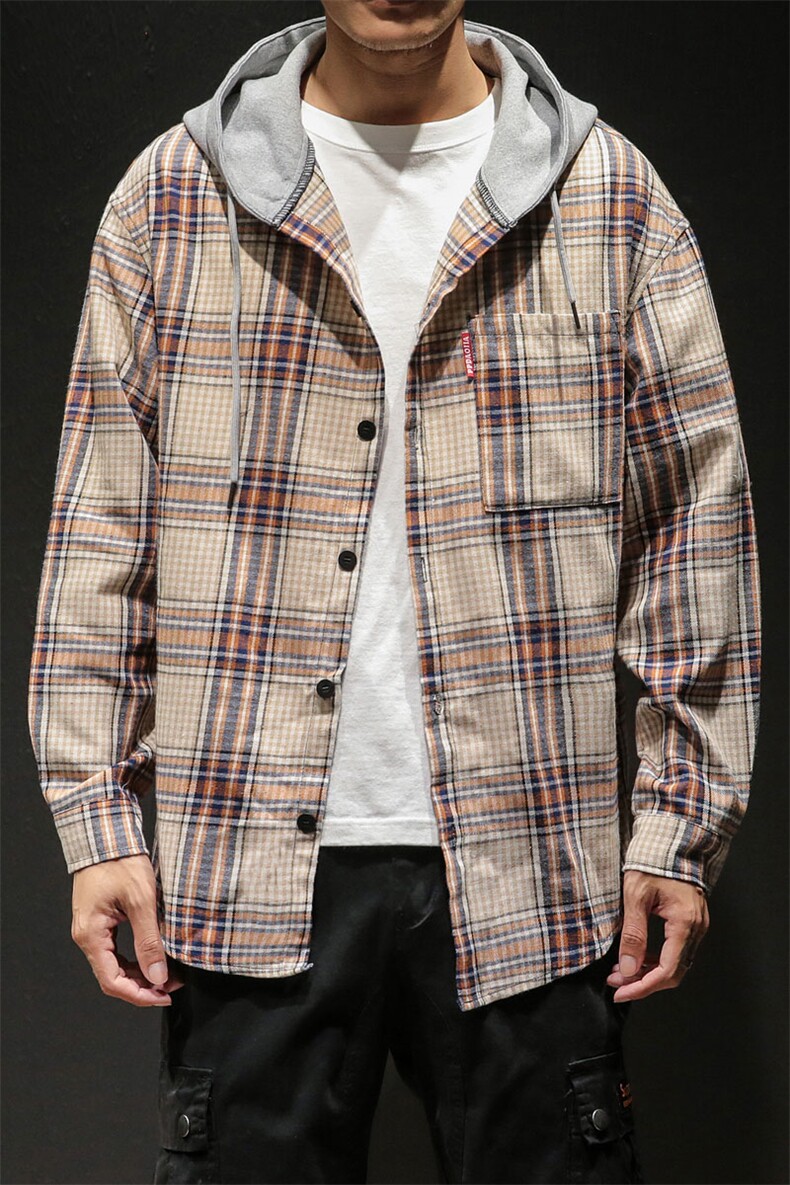 2021春季新款马切达日系宽松大码男休闲连帽格子衬衫C525-P50,男装衬衫,电商A001