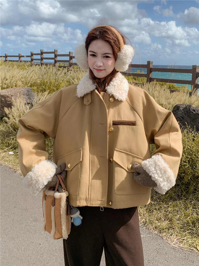 卡其色羊羔毛领拼接短款派克羽绒服女2025冬季小个子加厚保暖外套,女装羽绒服,慧尚2-185