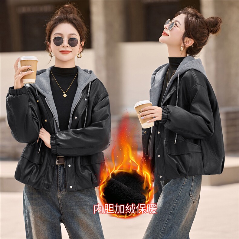 撞色连帽假两件加绒保暖皮衣外套女2025秋冬新款宽松减龄皮衣夹克,女装皮衣,梦依缘