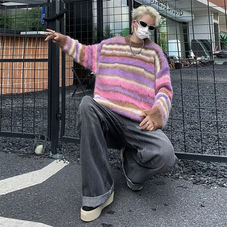 新美式复古渐变条纹毛衣男宽松慵懒风小众套头针织上衣MY207-P50,男装针织衫/毛衣,星座1109-3