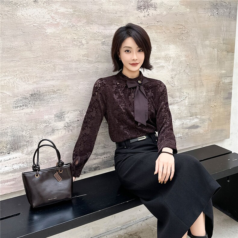2025秋冬转新款百搭蕾丝法式蝴蝶结长袖小衫高级感上衣打底衫,女装蕾丝衫/雪纺衫,2C091