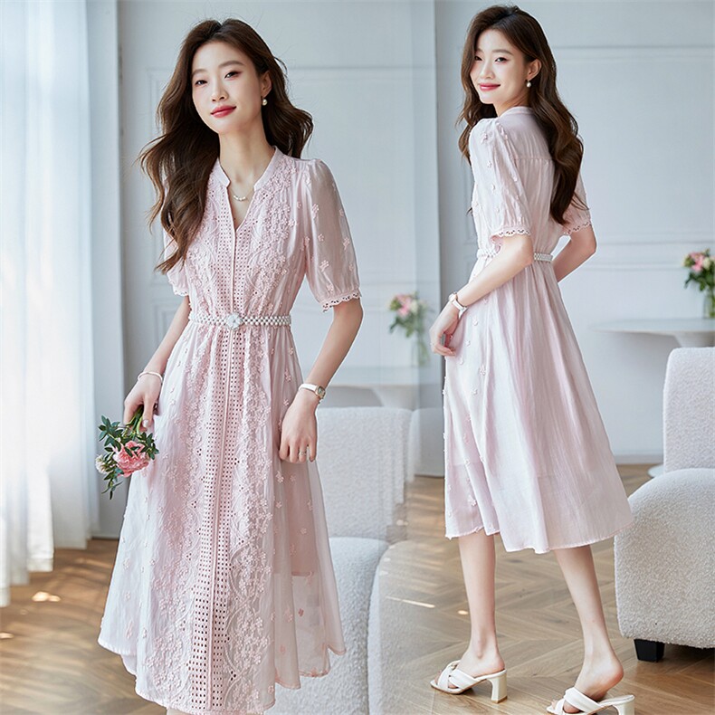 粉色超仙初恋连衣裙女夏季2025新款收腰显瘦甜美减龄小个子仙女裙，女装连衣裙，施恩睿棋