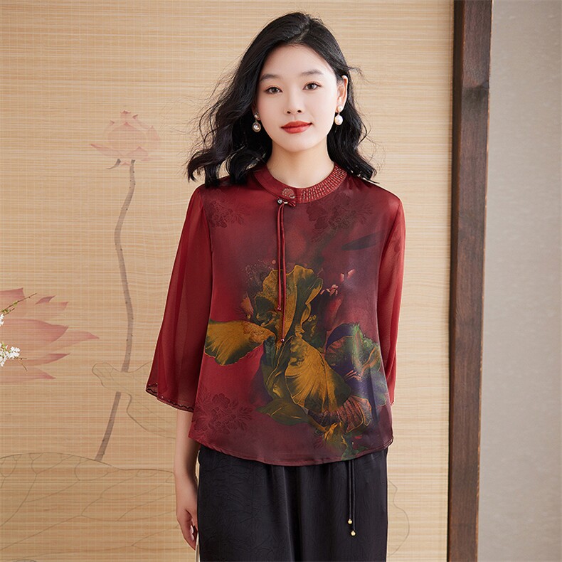 新中式中老年重磅真丝半袖上衣夏季妈妈女桑蚕丝时尚T恤衫，女装衬衫，媚琳依坊