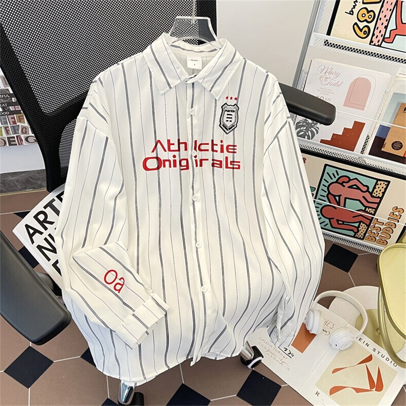 刺绣撞色条纹长袖衬衫潮宽松休闲情侣翻领外穿衬衣潮C0176-P43,男装衬衫,星座308B-1