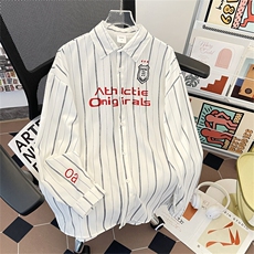 刺绣撞色条纹长袖衬衫潮宽松休闲情侣翻领外穿衬衣潮C0176-P43，男装衬衫，星座308B-1
