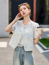 时尚名媛香风轻奢重工刺绣薄款短袖上衣女2025夏新中式国风外套，女装短外套，伊仟回