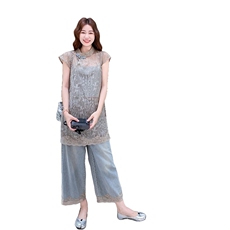 新中式国风时尚蕾丝上衣牛仔阔腿裤套装女2025夏新款高级感两件套，女装套装/套裙，2C316