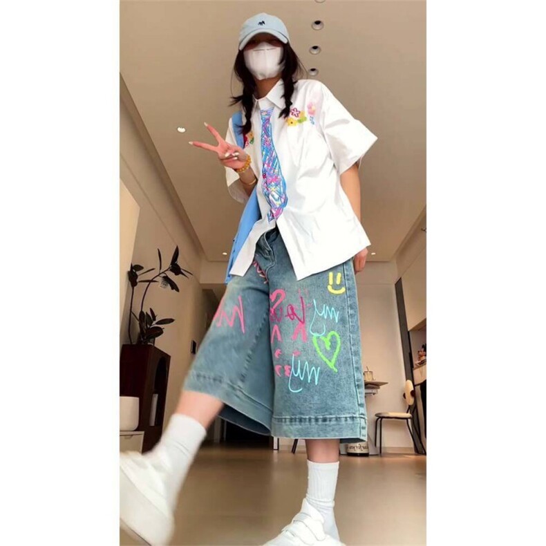 AK2312-P50卡通印花七分牛仔裤新款辣妹美式宽松显瘦阔腿短裤,女装休闲裤,星座617A-2