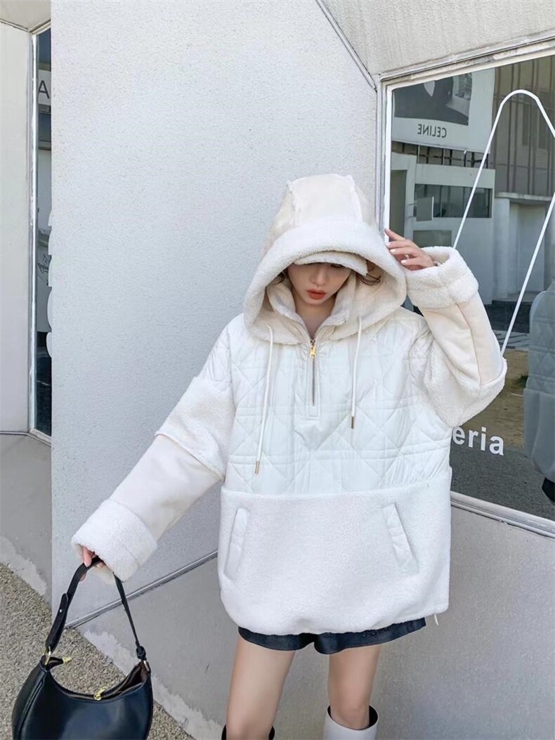 现货羊羔毛拼接卫衣，女装卫衣/绒衫，爱美欧