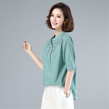 2022夏季新款刺绣棉麻宽松短袖上衣，女装大码女装，木子恋