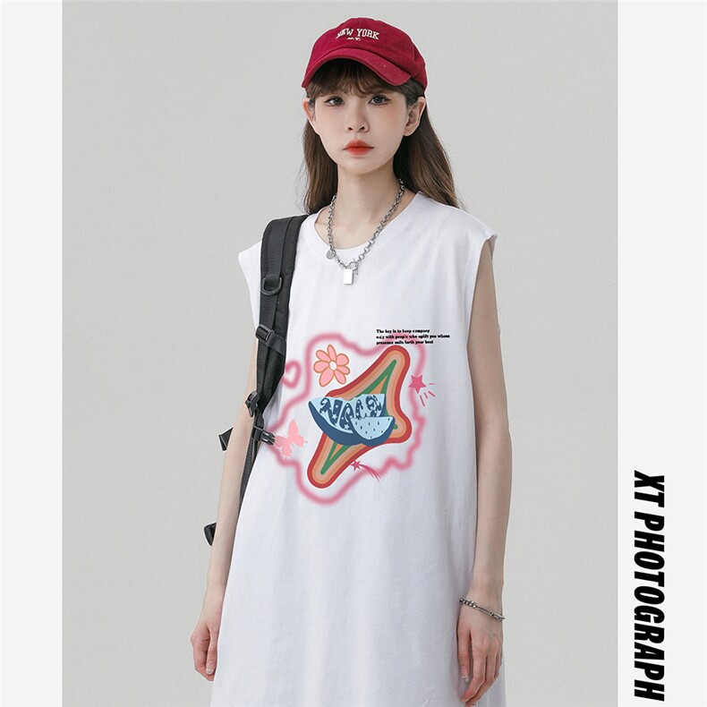 中性风新款夏季时尚百搭宽松印花无袖纯棉短袖T恤DT65005P25控38图片