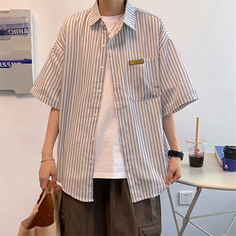 条纹短袖衬衫男韩版潮流百搭ins港风学生上衣日系夏季五分袖衬衣,男装T恤,星座506A