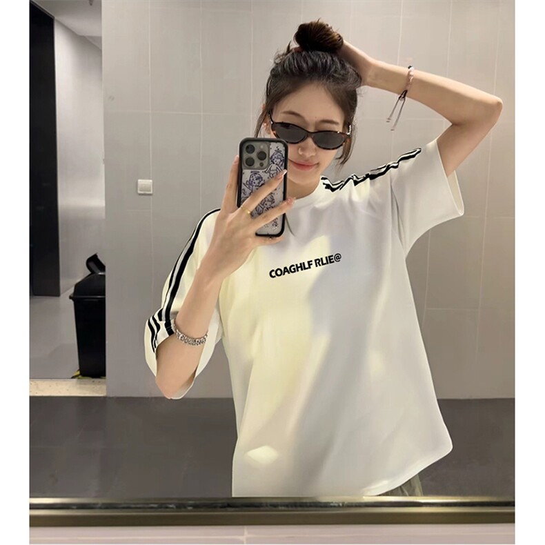 抖音得物高品质二开240克宽松纯棉美式潮牌三条杠织带短袖T恤,男装T恤,电商A486
