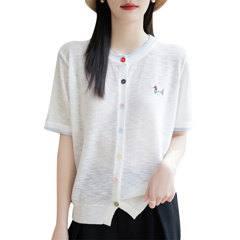 竹节麻针织短袖开衫女圆领拼色刺绣小狗彩扣上衣宽松半袖T恤打底,女装蕾丝衫/雪纺衫,菲奥羊绒