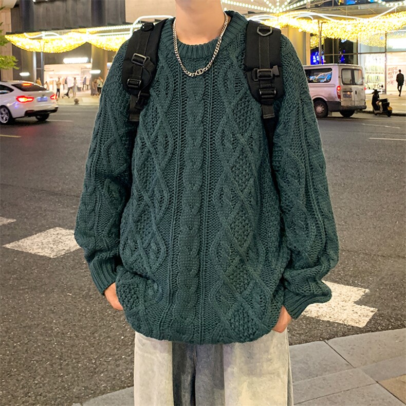 秋冬季麻花圆领毛衣男款宽松慵懒风加厚保暖潮牌针织衫,男装针织衫/毛衣,星座410-7